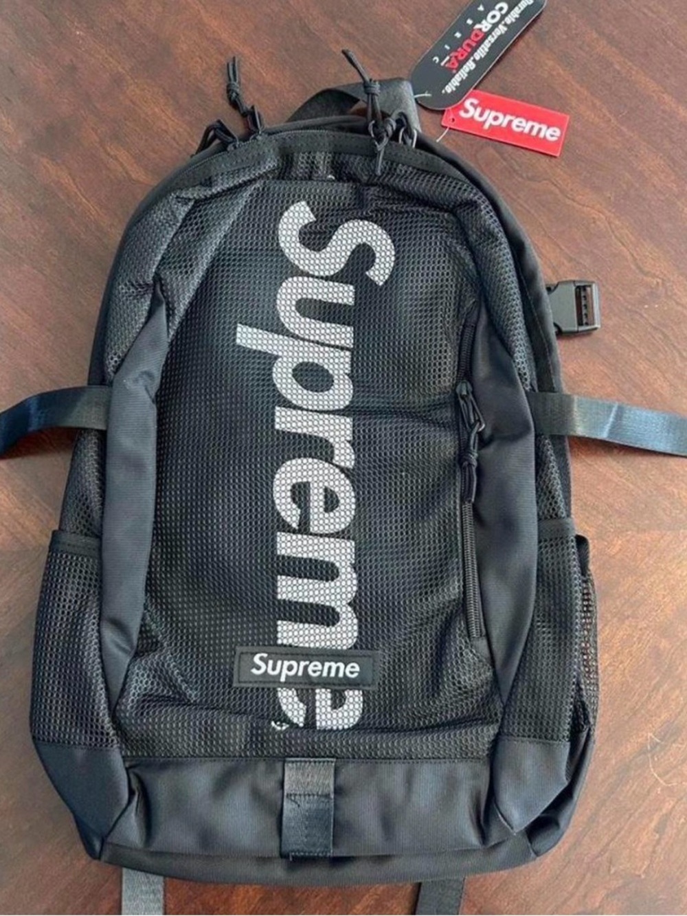 Supreme Black Mesh Backpack with Vertical Logo